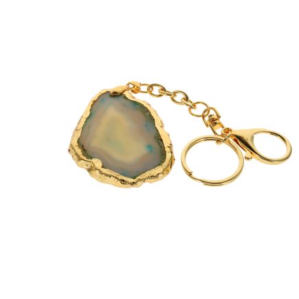 Teal Agate Slice Keyring with Gold Edge