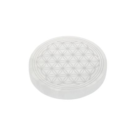 Selenite Round Slice Etched Flower Of Life
