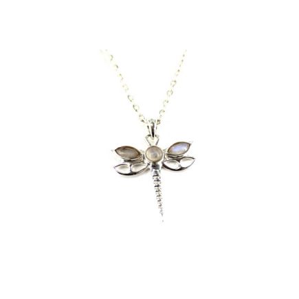 Rainbow Moonstone Dragonfly Silver Pendant