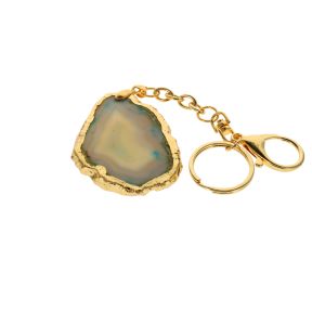 Teal Agate Slice Keyring with Gold Edge