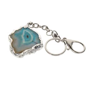 Teal Agate Slice Keyring with Silver Edge