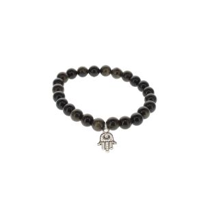 Silver Sheen Obsidian Hand of Hamsa Bead Bracelet