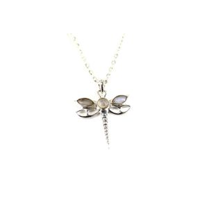 Rainbow Moonstone Dragonfly Silver Pendant